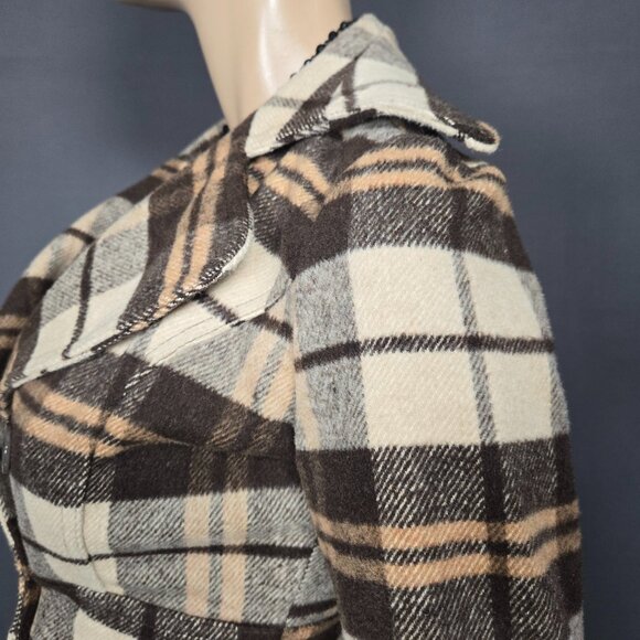 Y2K Fitted Plaid Pea Coat Jacket Size XS Brown Beige Wool Blend Fall Winter - Picture 9 of 14